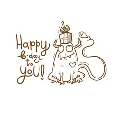 Birthday card  with cute cartoon monster. Creature with gift. Vector doodle poster. Little funny animal print.