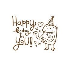 Birthday card  with cute cartoon monster. Creature in party hats. Vector doodle poster. Little funny animal print.