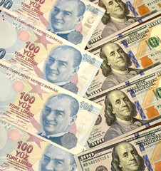 Turkish lira and American dollar bills. Turkish lira plunges, crashing. Turkey's lira crisis. Turkish lira is going down.
