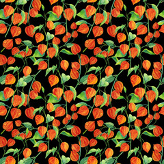 Seamless watercolor pattern of green leaves and physalis berries on a black background, ideal for wrappers, wallpapers, fabrics, postcards, greeting cards, scrapbooking.