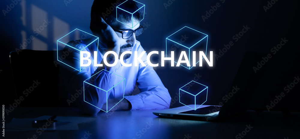 Poster man with blockchain in computer screen