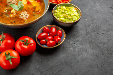 front view delicious meat soup with fresh vegetables on dark background dish photo meal food