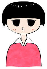 口を尖らせたおかっぱのピンク色の服の子供