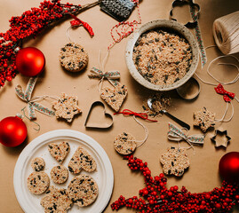Homemade Birdseed Christmas Ornaments tied with Ribbon