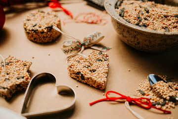 Homemade Birdseed Christmas Ornaments tied with Ribbon
