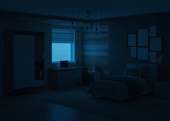 Modern nursery interior. Night. Evening lighting. 3D rendering.