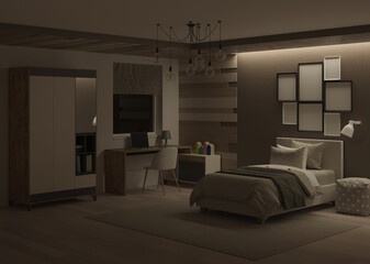 Modern nursery interior. Night. Evening lighting. 3D rendering.