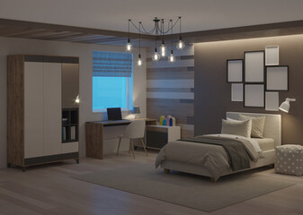 Modern nursery interior. Night. Evening lighting. 3D rendering.