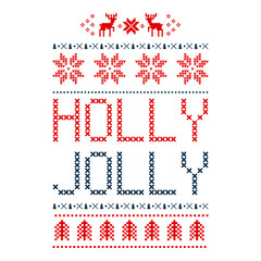 Holly Jolly Knit font and xmas elements . Ugly Sweater pattern. Knitted print. 