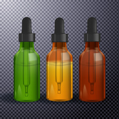 Various glass bottles with CBD oil, THC tincture and hemp leaves on a marble background. Flat lay, minimalism. Cosmetics CBD oil.