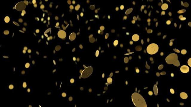 Falling coins or money golden rain motion background with alpha channel. Transparency is embedded in video. Seamless loop