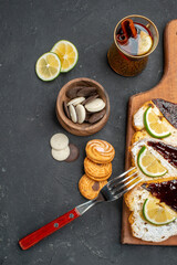 top view delicious cake slices with chocolate on a dark background cake sweet dessert