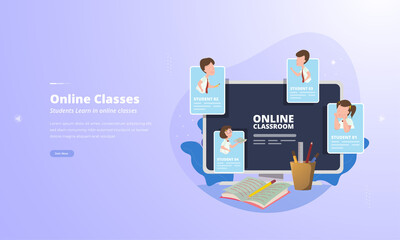 Students stay learn via video conference for online classes illustration concept