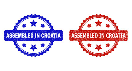 Rosette ASSEMBLED IN CROATIA seals. Flat vector scratched watermarks with ASSEMBLED IN CROATIA text inside rosette with stars, in blue and red color versions. Watermarks with scratched texture.