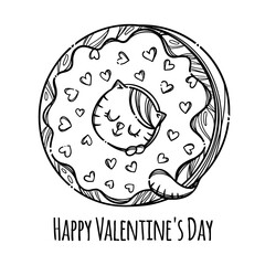 CAT VALENTINE DONUT Cute Kitten Stuck His Head In Donut Sweet Holiday Cartoon Monochrome Hand Drawn With Handwriting Text Clip Art Vector Illustration For Print