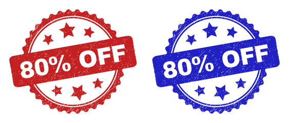 Rosette 80% OFF seal stamps. Flat vector distress seal stamps with 80% OFF title inside rosette shape with stars, in blue and red color variants. Watermarks with distress surface.