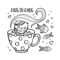 KITTEN AND FISH Cute Kitten Caught Fish In Cup With Hot Drink Holiday Cartoon Monochrome Hand Drawn With Handwriting Text Clip Art Vector Illustration For Print