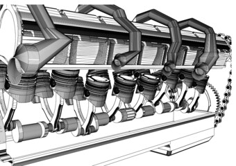 12 cylinder engine on a white background. Pencil drawing