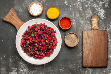 top view tasty vinaigrette salad with seasonings on grey background meal health photo