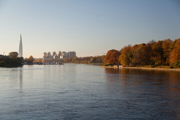 Fototapeta premium Autumn park with yellow trees lake landscape