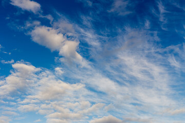 Background. A blue sky with white, airy, cumulus clouds.
