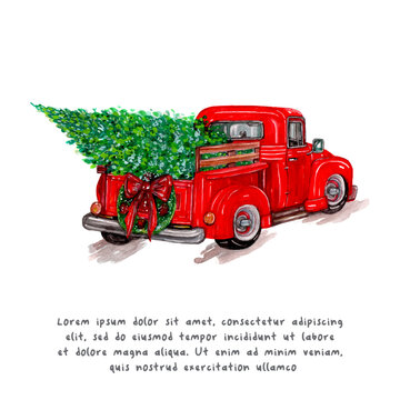 Christmas celebration with truck and Christmas tree, watercolor vector illustration. 