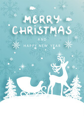 Christmas card with reindeer, paper cut vector illustration