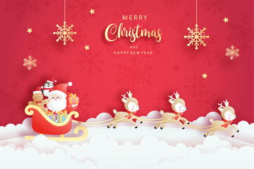 Christmas card with cute Santa and reindeer cart, paper cut vector illustration