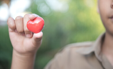 Close up of red heart in child hand.