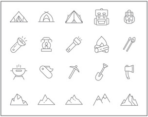 Set of camping and outdoor line style. It contains such Icons as mountain, tent, compass, knife, bonfire, fire, lamp, forest, direction, hiking and other elements.
customize color, easy resize.