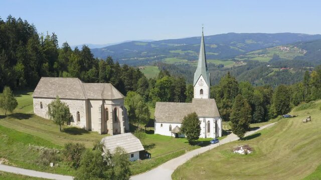 Aerial drone shot of church at Lese, Slovenia