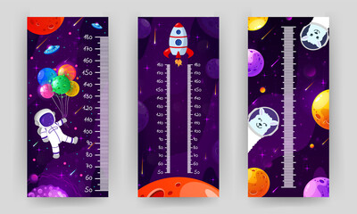 Kids space height chart. Cosmic wall meter with flying astronaut, rocket and fantasy planets. Vector template.