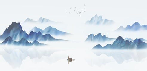 Fototapety  Nowy chiński malowanie pejzażowe niebieskim tuszem