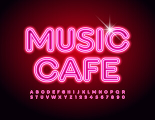 Vector bright logo Music Cafe. Neon glowing Font. Electric Pink Alphabet Letters and Numbers set