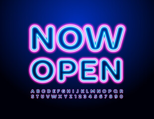 Vector signboard template Now Open. Glowing light Font. Neon Alphabet Letters and Numbers set