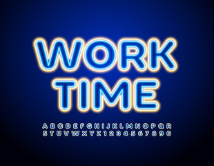 Vector business emblem Work Time, Glowing Blue and Yellow Font. Neon Alphabet Letters and Numbers set
