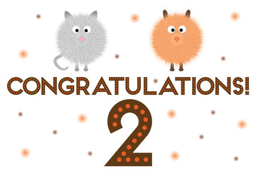 Postcard - congratulations! 2th anniversary. With fluffy cartoon dogs and cats on a white background with a number.