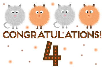 Postcard - congratulations! 4th anniversary. With fluffy cartoon dogs and cats on a white background with a number.