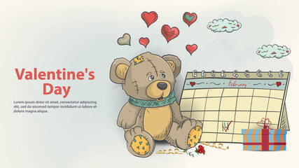 Greeting card for Valentines Day design illustration in the style of childrens doodle toy teddy bear in a blue scarf sitting next to the calendar
