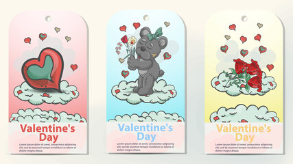 three card layouts for valentines day design illustration in the style of childrens doodle on the clouds a toy teddy bear heart and a bouquet of flowers roses are located