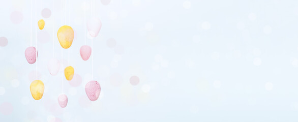 Amazing Easter festive banner with eggs and bokeh. Easter eggs hunt invitation. Soft toning, Copy space. 