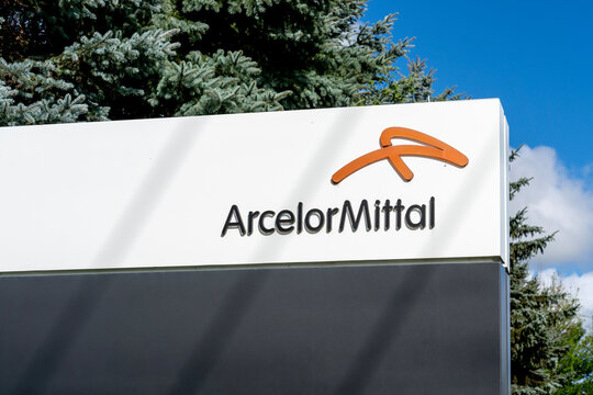 London, Ontario, Canada - August 30, 2020:  ArcelorMittal sign in London, Ontario, Canada. ArcelorMittal S.A. is an Luxembourgish multinational steel manufacturing corporation. 