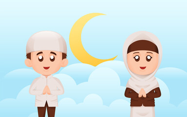 Set of Simple Cute Muslim or Moslem Kids Boy and Girl Smile and Waving Hand With Speech Bubble Illustration Concept