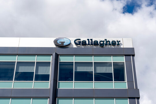 London, Ontario, Canada - August 30, 2020: Close up Gallagher sign on the building. Arthur J. Gallagher is an American global insurance brokerage and risk management services firm. 