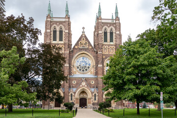 Fototapeta na wymiar London, Ontario, Canada - August 30, 2020: St Peter's Cathedral Basilica in London, Ontario, Canada. Built in the 1880s in French Gothic style.