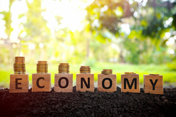 Economic and financial crisis recession and depression concept. Decreasing stack of coins on wooden blocks at sunset.