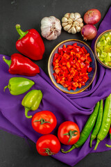 top view fresh vegetables with pepper and garlic on dark background salad ripe meal color