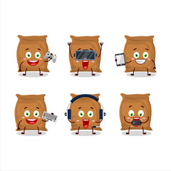 Flour sack cartoon character are playing games with various cute emoticons