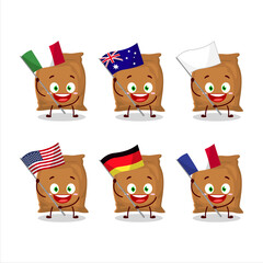 Flour sack cartoon character bring the flags of various countries