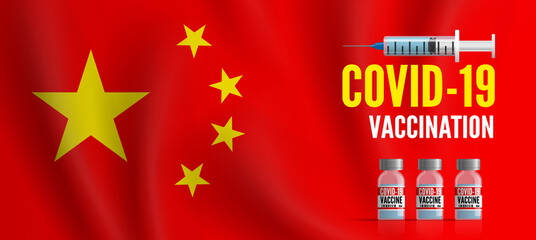 China Covid 19 vaccination  chinese flag background vaccine vials and syringe vector illustration